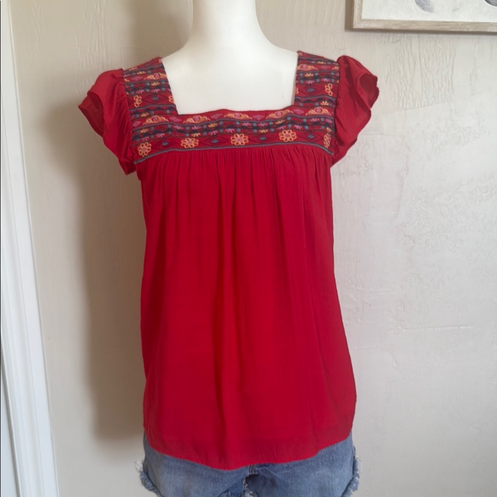 Red Blouse with Embroidered Detail